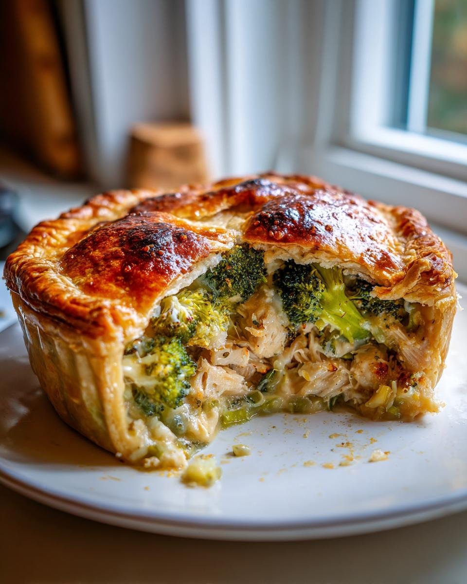 A golden-crusted Roasted Broccoli Cheddar Chicken Pot Pie with a slice removed, showing creamy filling and bright green broccoli.