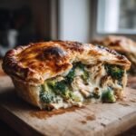 A close-up of a single-serving Roasted Broccoli Cheddar Chicken Pot Pie with a golden crust cut open to show creamy filling.