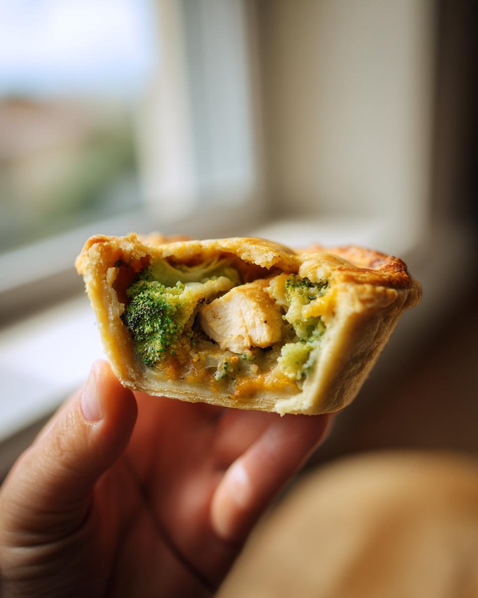 A hand holding a mini Roasted Broccoli Cheddar Chicken Pot Pie cut in half, showing chicken, broccoli, and cheese filling.