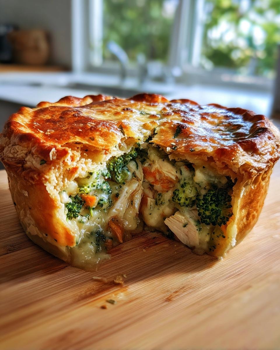 A golden-crusted Roasted Broccoli Cheddar Chicken Pot Pie cut in half, showing creamy filling with broccoli and chicken.