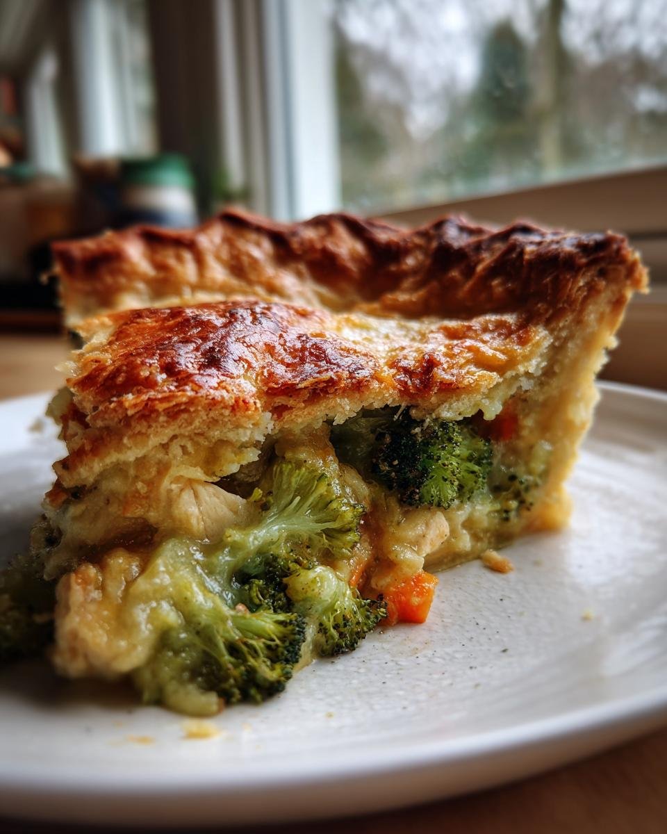 A close-up of a slice of Roasted Broccoli Cheddar Chicken Pot Pie showing flaky crust and creamy filling.