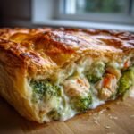 A cross-section view of a flaky Roasted Broccoli Cheddar Chicken Pot Pie showing creamy filling, chicken, and bright green broccoli florets.