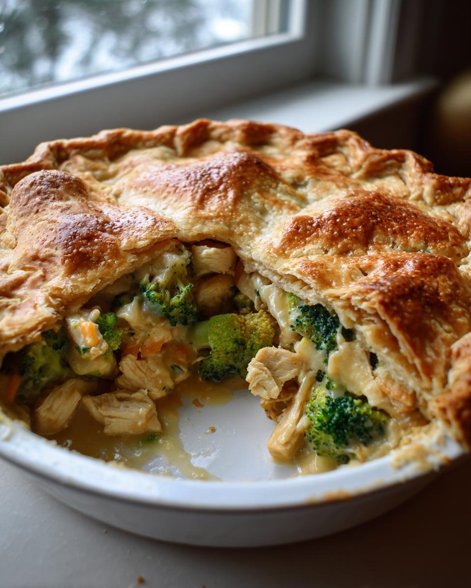 A slice removed from a golden-crusted Roasted Broccoli Cheddar Chicken Pot Pie, revealing creamy filling, chicken chunks, and bright green broccoli florets.