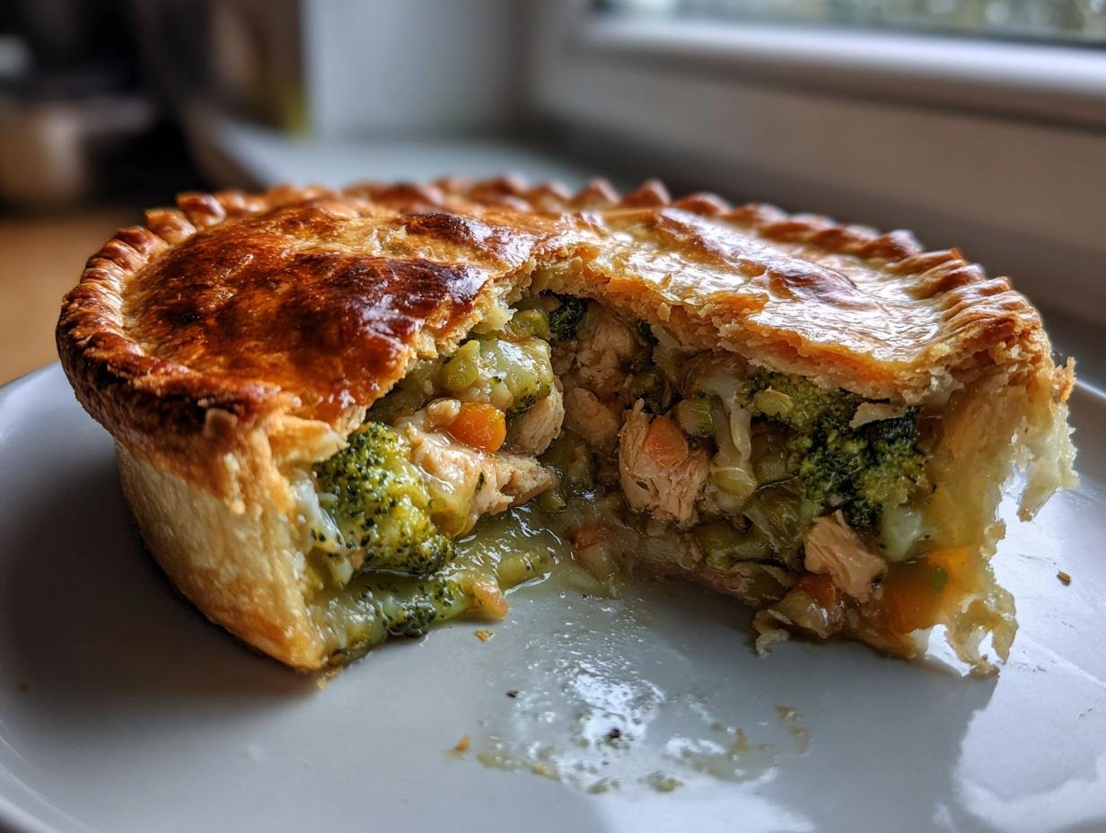 A close-up of a slice removed from a Roasted Broccoli Cheddar Chicken Pot Pie showing flaky crust and creamy filling.