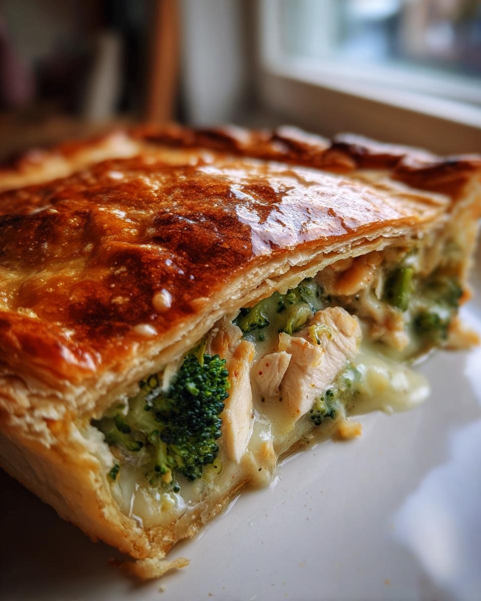 Close-up of a slice of Roasted Broccoli Cheddar Chicken Pot Pie showing flaky crust and cheesy filling.