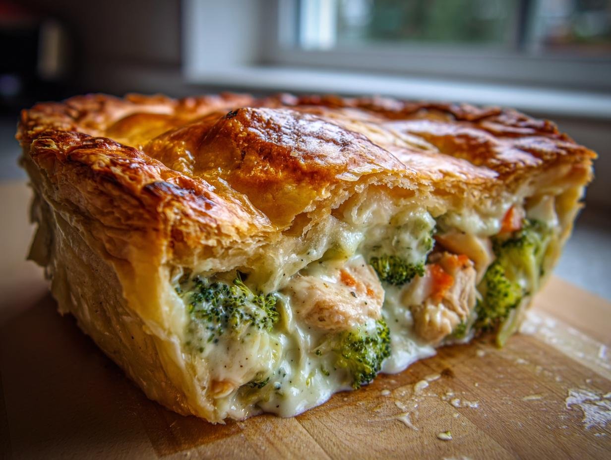 A cross-section view of a flaky Roasted Broccoli Cheddar Chicken Pot Pie showing creamy filling, chicken, and bright green broccoli florets.