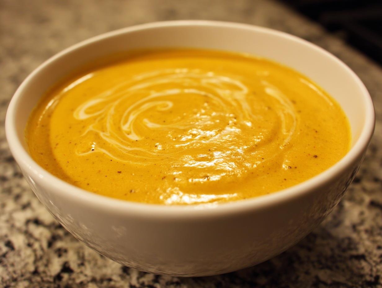 Close-up of a bowl of rich, orange Roasted Broccoli Cheddar Soup swirled with cream.