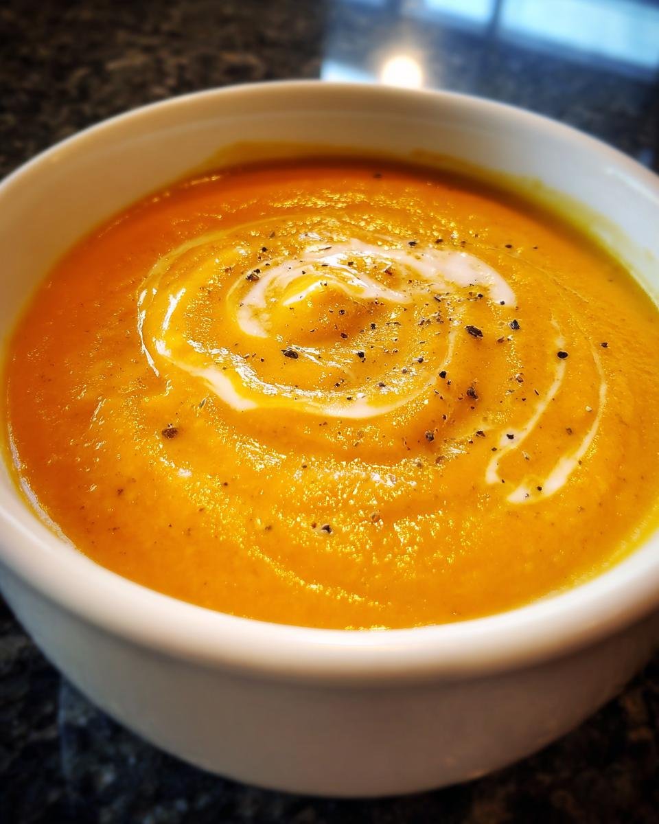 Close-up of creamy, orange-hued Roasted Broccoli Cheddar Soup, swirled with cream and topped with black pepper.