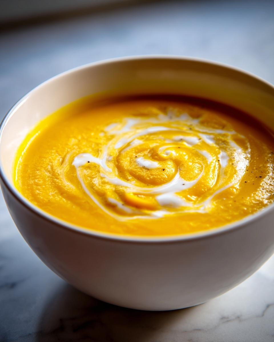 Close-up of vibrant orange Roasted Broccoli Cheddar Soup topped with a swirl of cream.