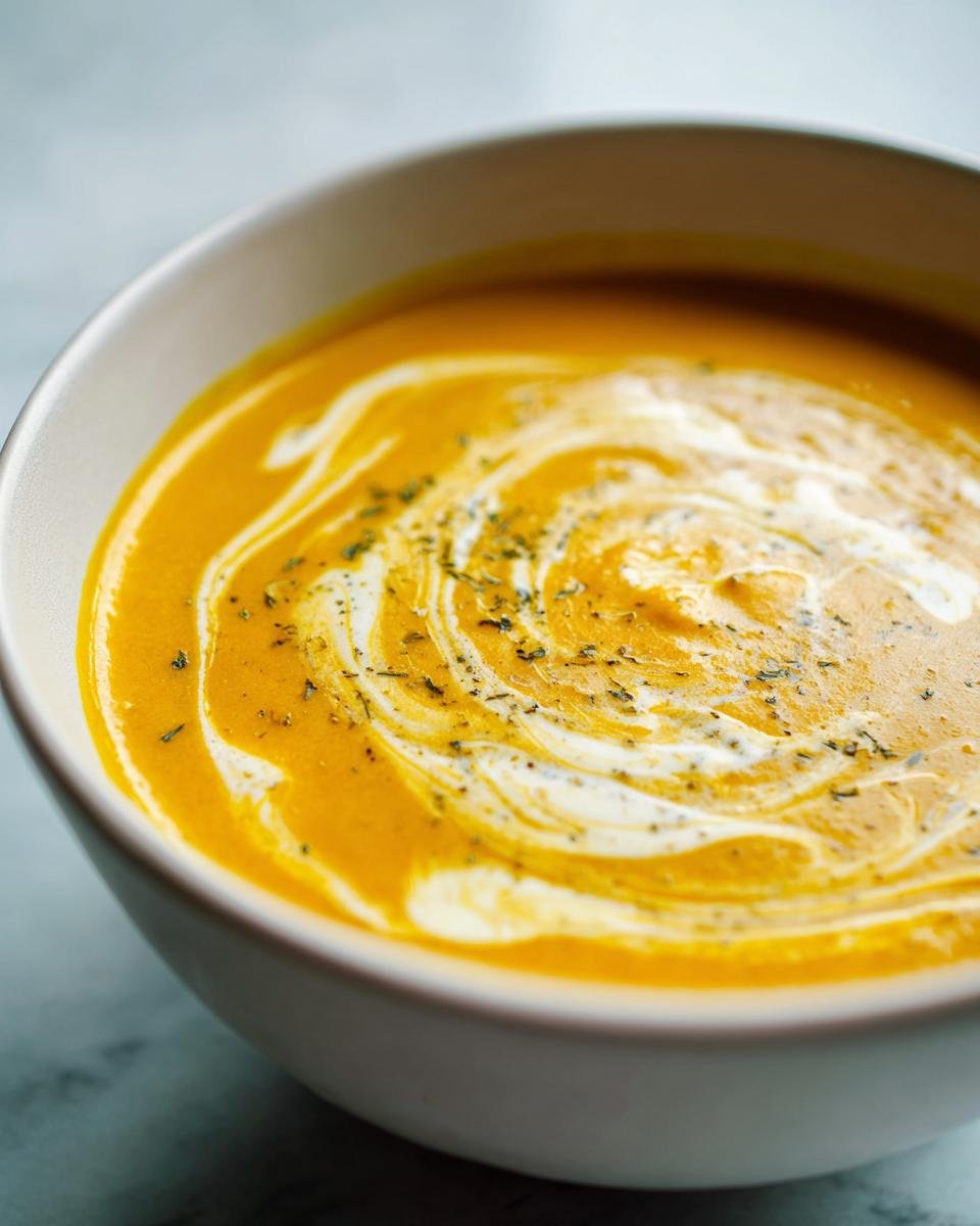 Close-up of a vibrant orange Roasted Broccoli Cheddar Soup swirled with cream and sprinkled with herbs.