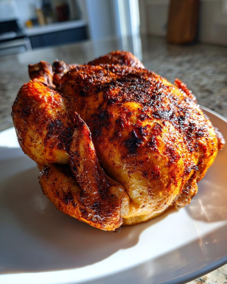A whole, perfectly cooked Roasted Chicken In Bundt Pan with crispy, dark golden-brown skin resting on a white plate.