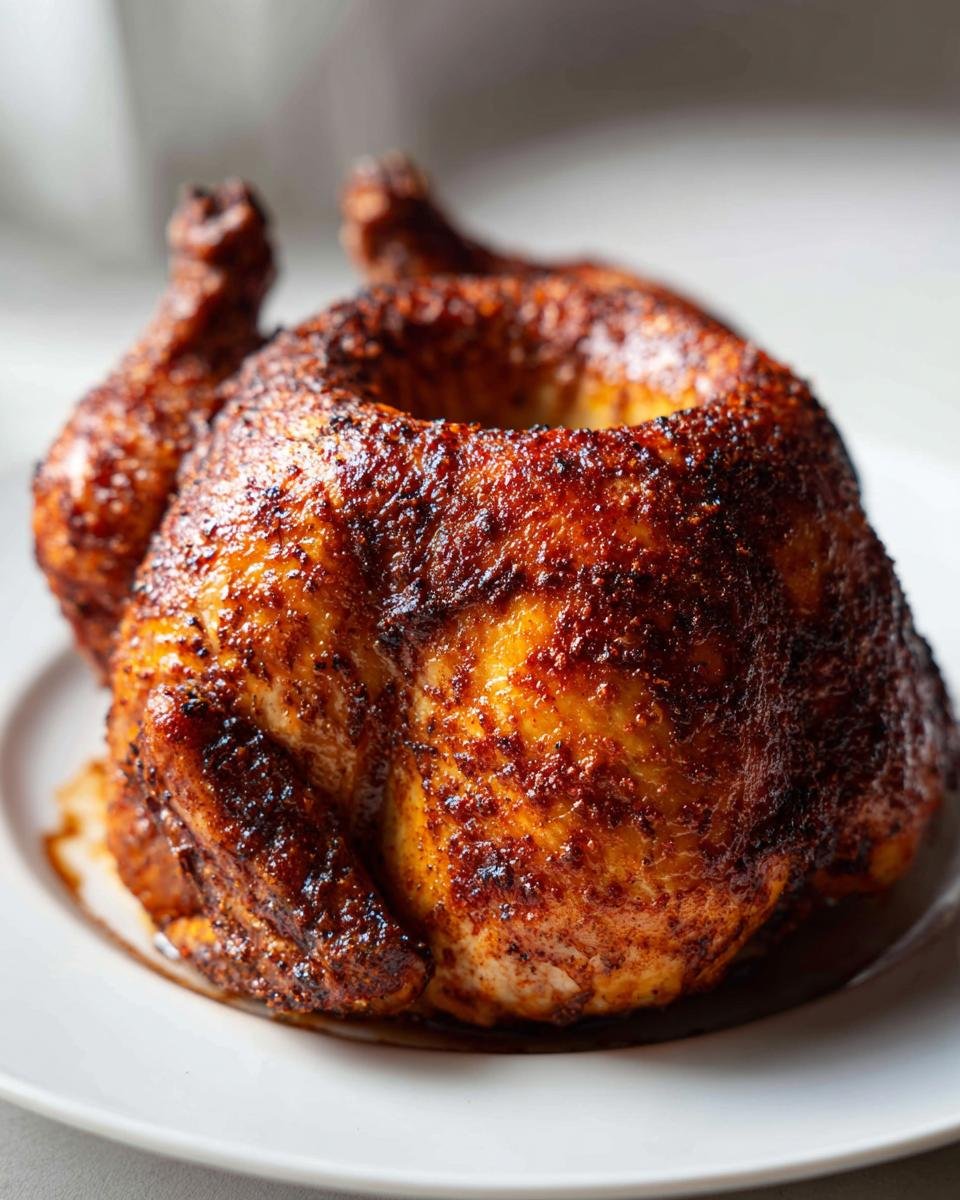 A whole roasted chicken in bundt pan, featuring deeply browned, seasoned, and crispy skin, resting on a white plate.