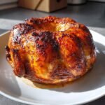 A whole, beautifully browned and glazed Roasted Chicken In Bundt Pan sitting on a white plate.