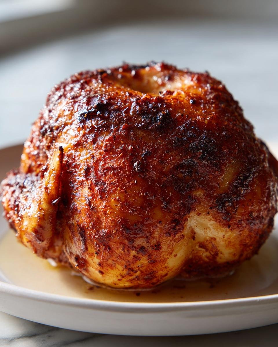 A whole, beautifully browned Roasted Chicken In Bundt Pan resting on a white plate with pan juices.