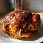 A whole, beautifully seasoned and roasted chicken in a Bundt pan resting on a white plate.