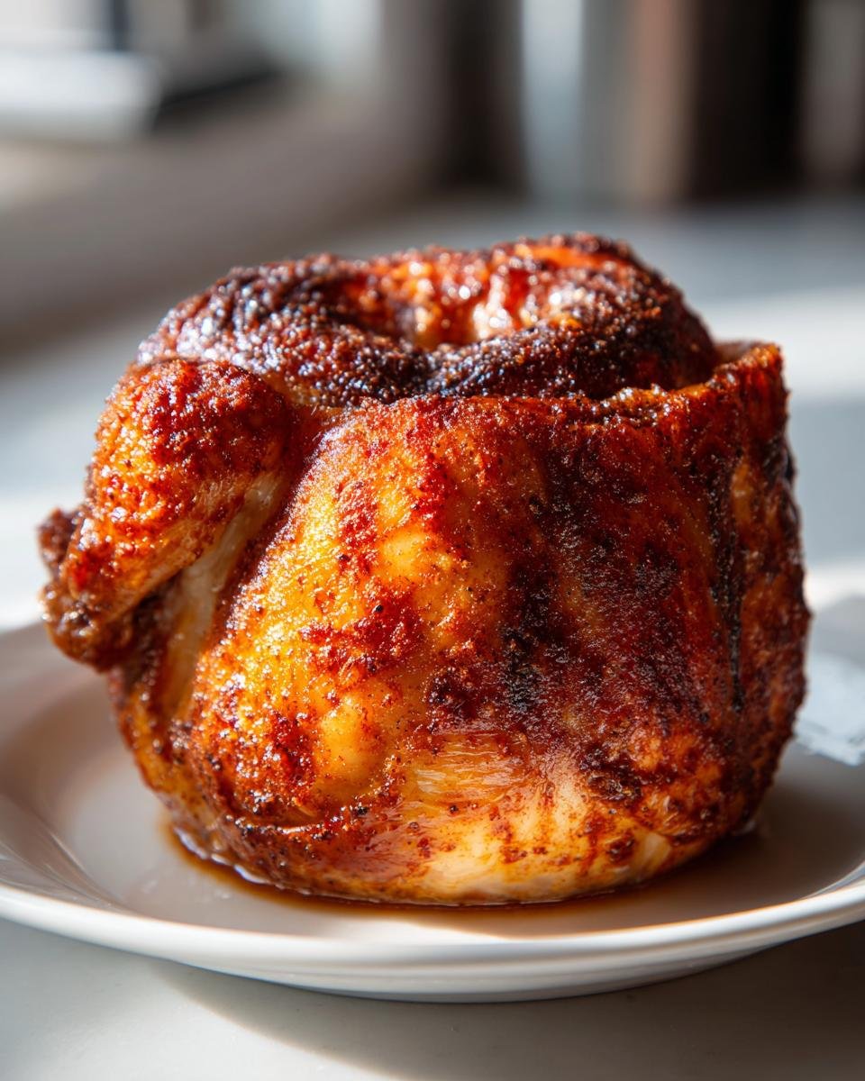 A whole, perfectly cooked Roasted Chicken In Bundt Pan with deeply browned, crispy skin, resting on a white plate.