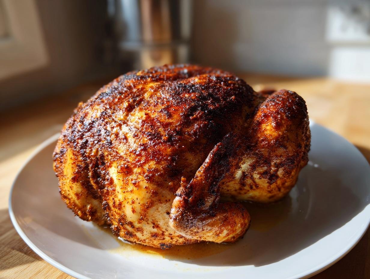 A whole, beautifully seasoned and roasted chicken in a Bundt pan resting on a white plate.