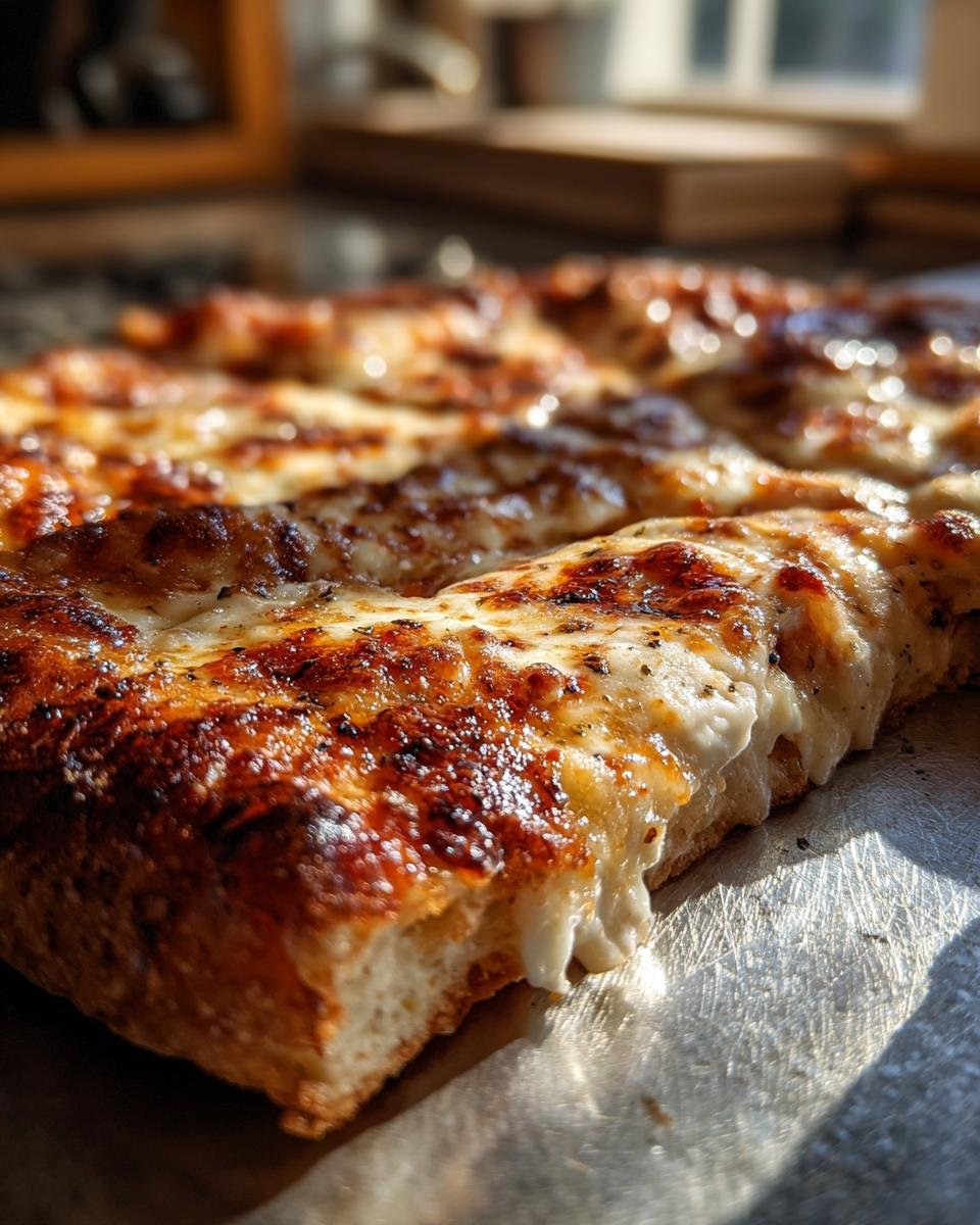 A close-up, appetizing shot of a thick slice of Roasted Garlic White Pizza with bubbling, browned cheese.