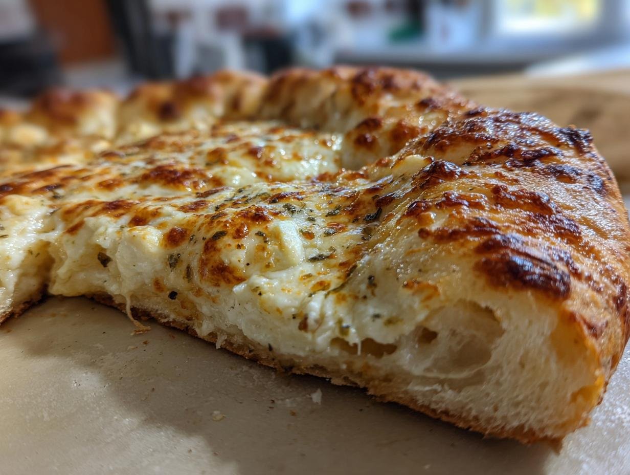 Close-up view of a thick slice of Roasted Garlic White Pizza showing the fluffy crust and melted, browned cheese topping.
