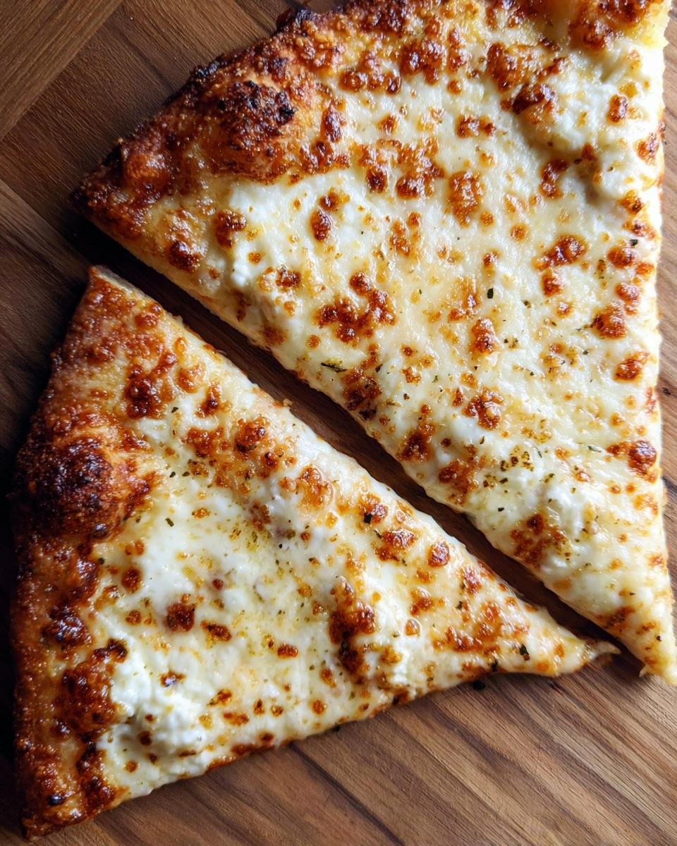 Two triangular slices of Roasted Garlic White Pizza featuring bubbly, browned mozzarella and ricotta cheese on a wooden board.