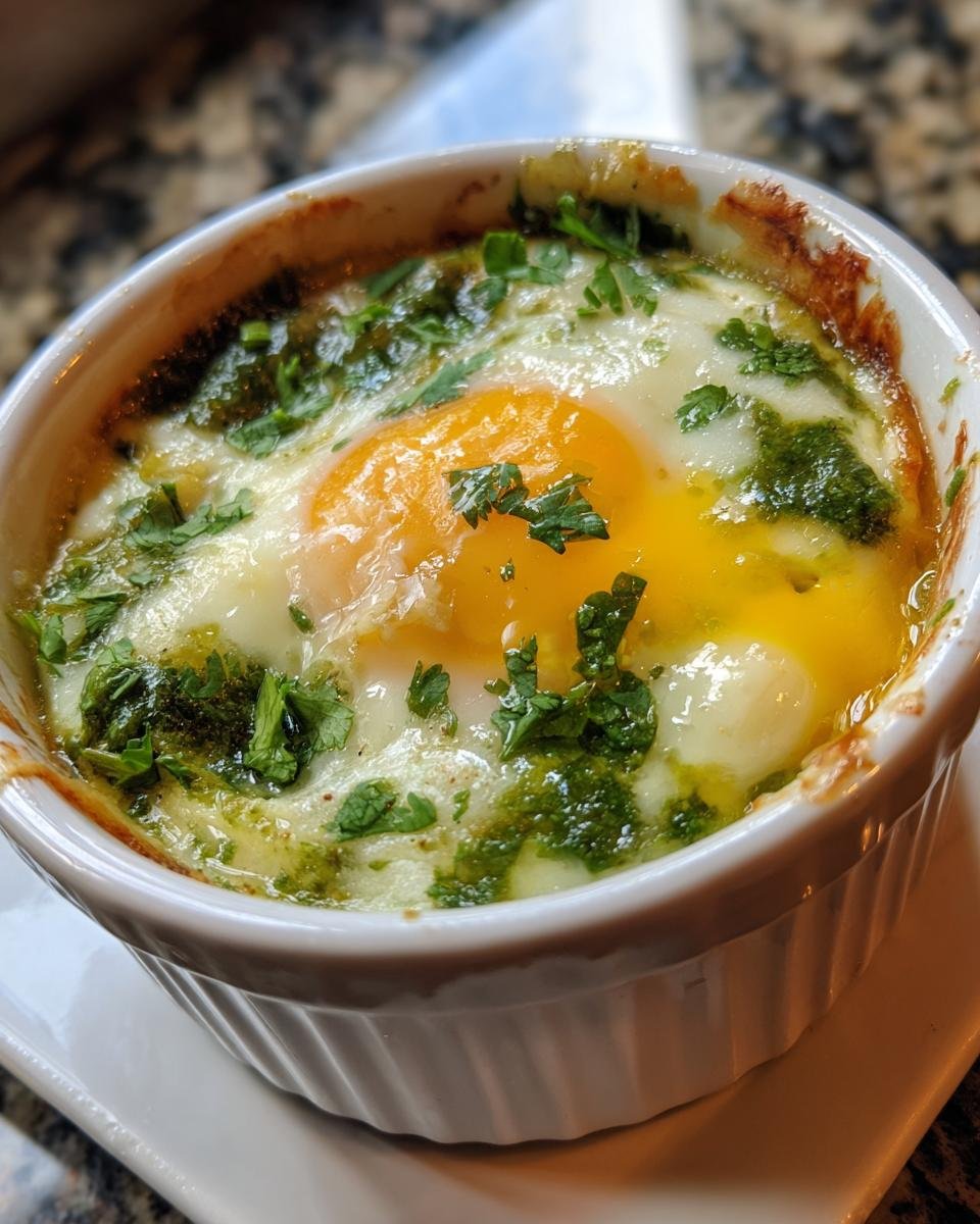 Close-up of an Irresistible Salsa Verde Baked Eggs Recipe cooked in a white ramekin, topped with fresh cilantro.
