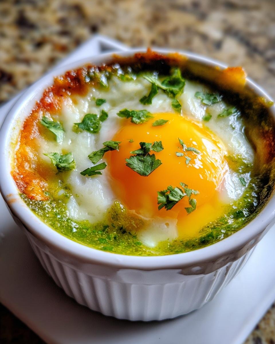 A close-up of an Irresistible Salsa Verde Baked Eggs Recipe, featuring a bright orange yolk, white cheese, and green salsa verde in a white ramekin.