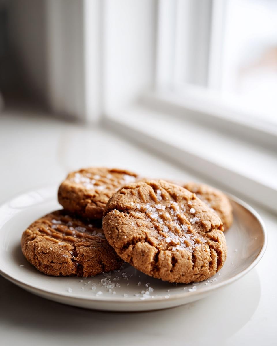 Close-up of four Salted Peanut Butter Cookies Gluten Free with fork marks and flaky sea salt topping.