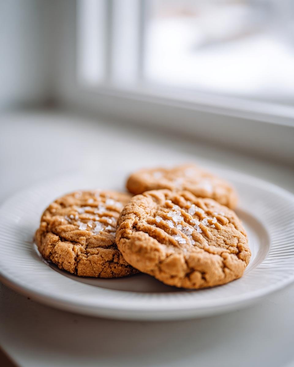 Close-up of three Salted Peanut Butter Cookies Gluten Free on a white plate, topped with flaky sea salt.