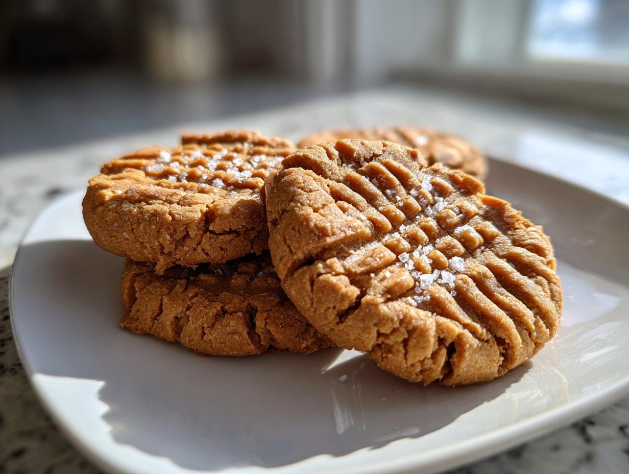 Close-up of delicious Salted Peanut Butter Cookies Gluten Free with fork marks and sea salt flakes.