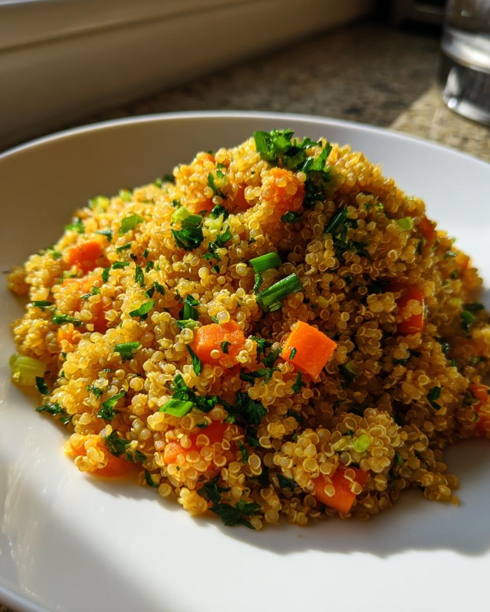 A close-up of a mound of golden Savory Herb Quinoa Pilaf mixed with bright orange diced carrots and fresh green herbs.