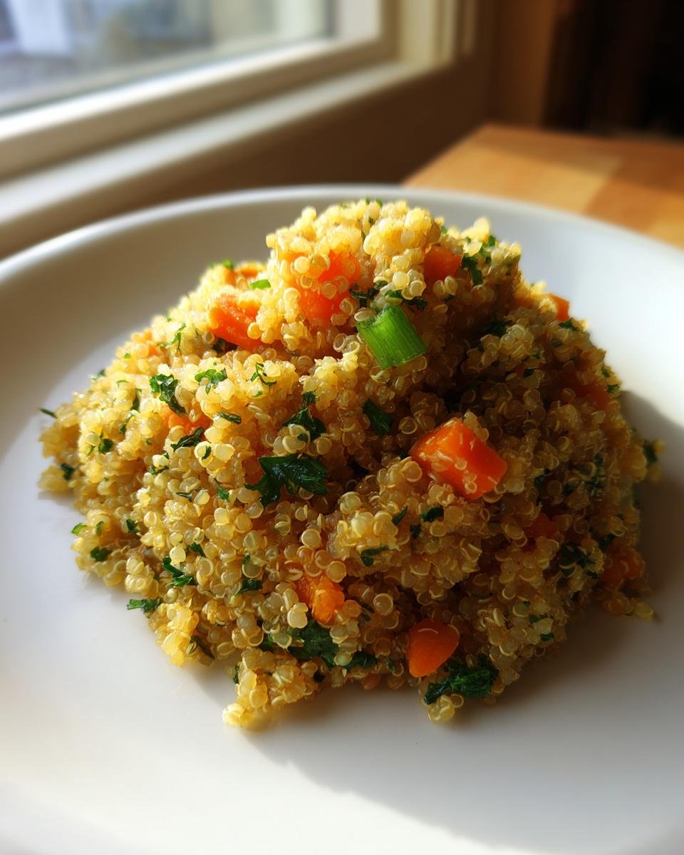 A close-up serving of Savory Herb Quinoa Pilaf mixed with diced carrots and green herbs on a white plate.
