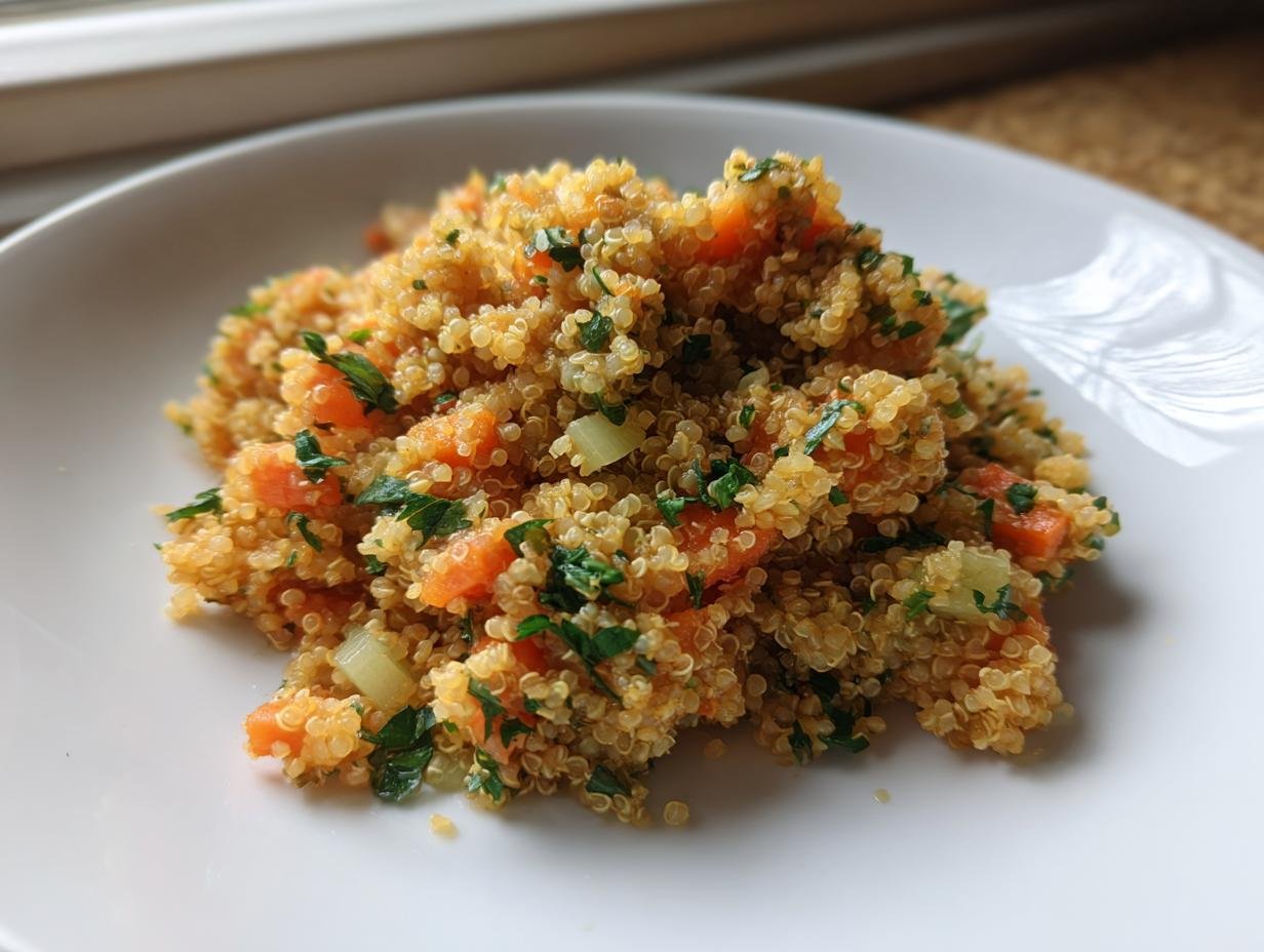 A mound of golden Savory Herb Quinoa Pilaf mixed with diced orange carrots and green herbs on a white plate.