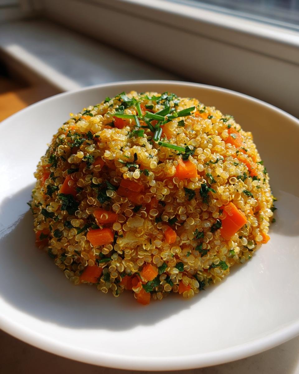 A mound of golden Savory Herb Quinoa Pilaf mixed with diced carrots and fresh parsley, topped with chives.