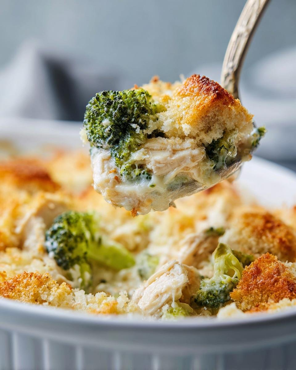 A spoonful of creamy Chicken Broccoli Casserole featuring shredded chicken, bright green broccoli, and a golden, crunchy topping.