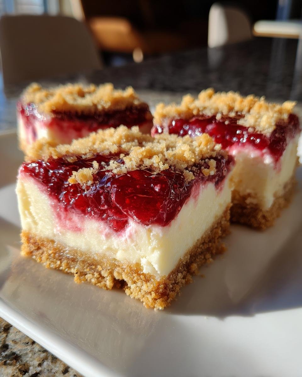 Three delicious Shortbread Raspberry Cheesecake Bars with a thick graham cracker crust, creamy filling, and raspberry topping.