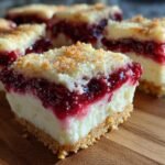 Close-up of a square serving of Shortbread Raspberry Cheesecake Bars showing the crust, creamy filling, and raspberry layer.
