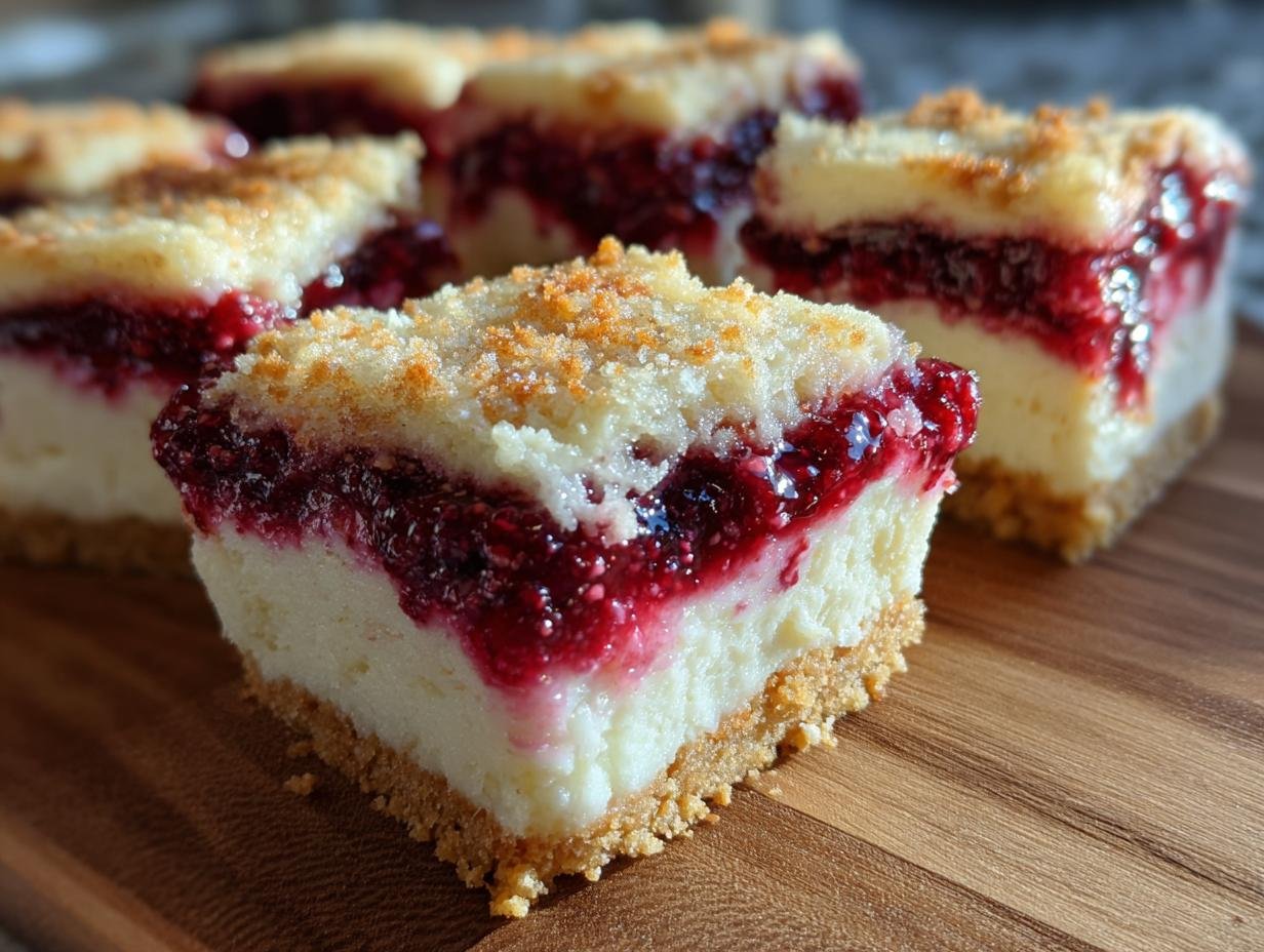 Close-up of a square serving of Shortbread Raspberry Cheesecake Bars showing the crust, creamy filling, and raspberry layer.