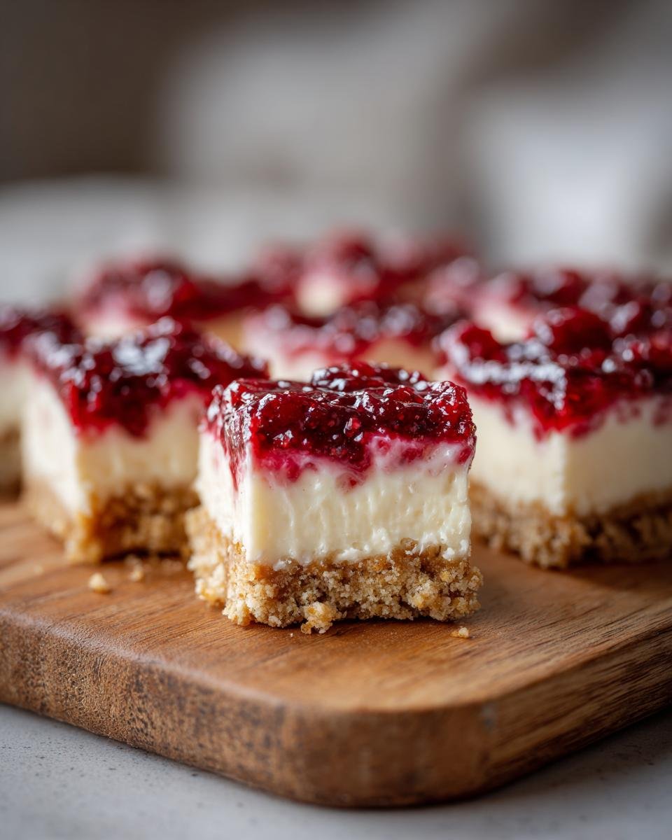 A close-up of a square Shortbread Raspberry Cheesecake Bars slice showing the crust, creamy layer, and bright raspberry topping.