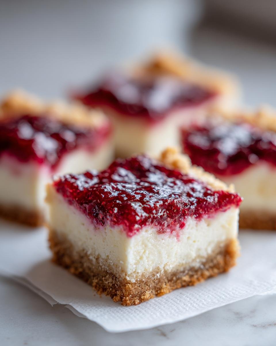 A close-up of a square Shortbread Raspberry Cheesecake Bar showing the shortbread crust, creamy filling, and bright raspberry topping.