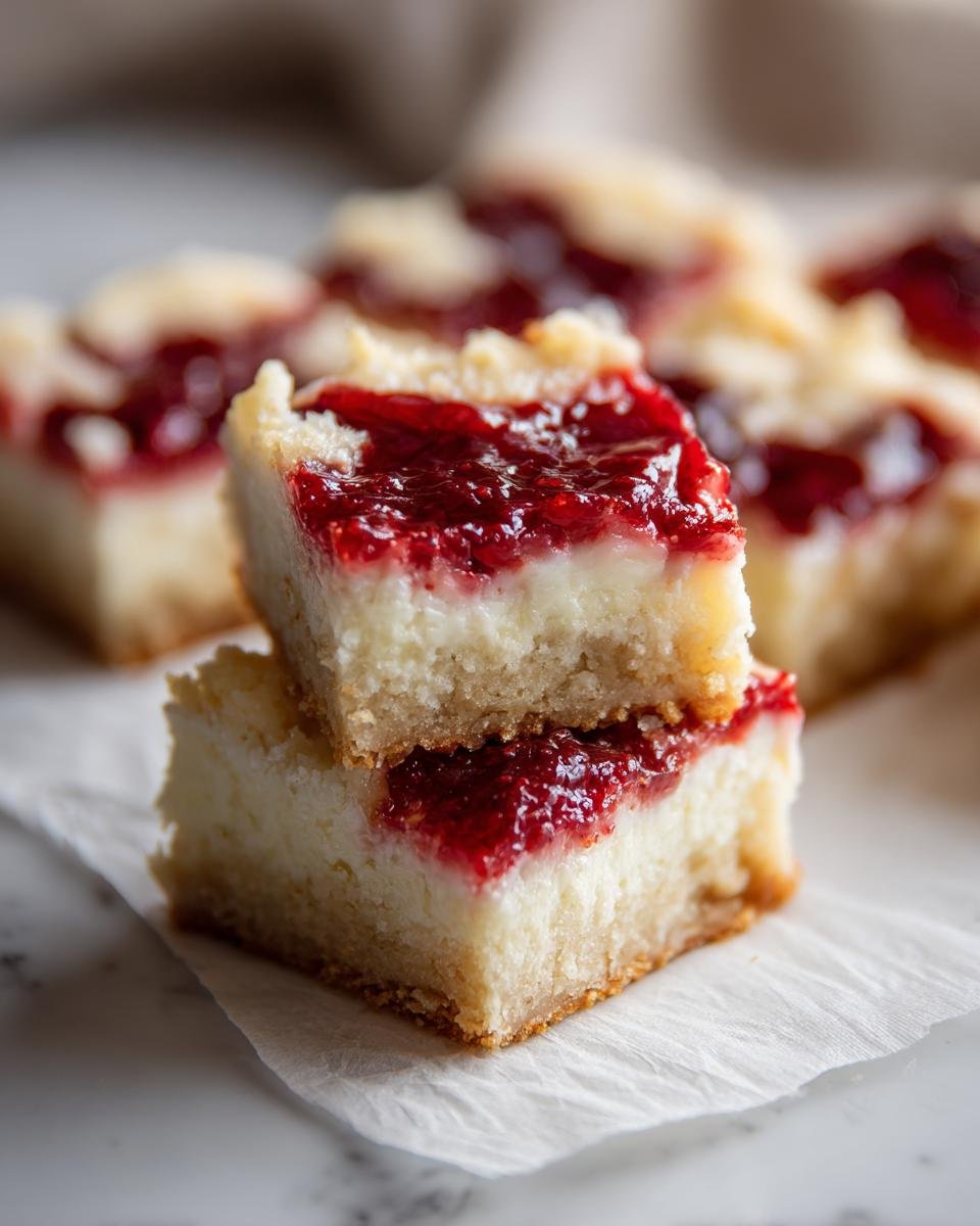 Two stacked Shortbread Raspberry Cheesecake Bars showing the shortbread crust, creamy filling, and bright raspberry topping.