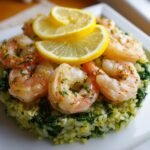 Plated serving of Shrimp Foil Packets With Broccoli Rice, topped with cooked shrimp and lemon slices.