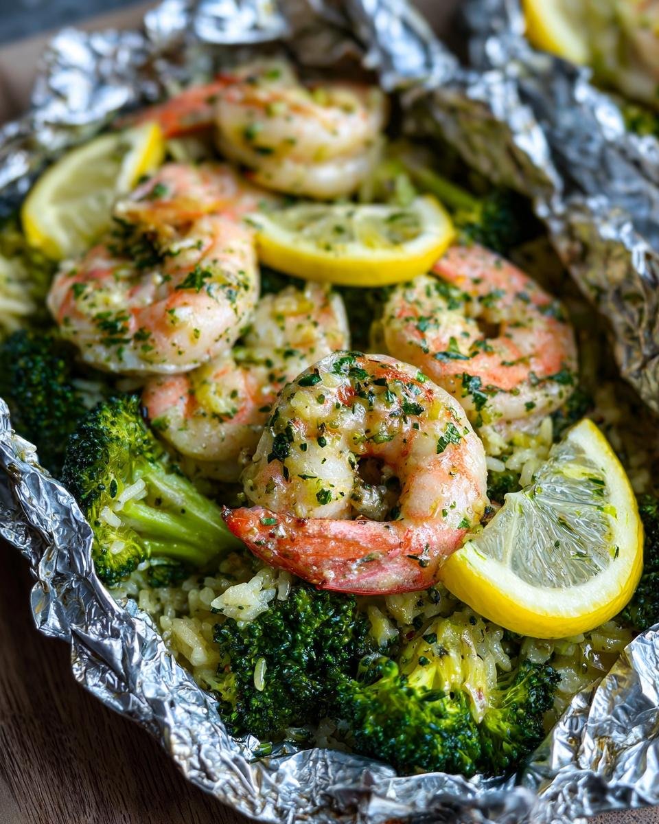 Close-up of cooked shrimp and broccoli rice inside a foil packet, garnished with lemon slices.
