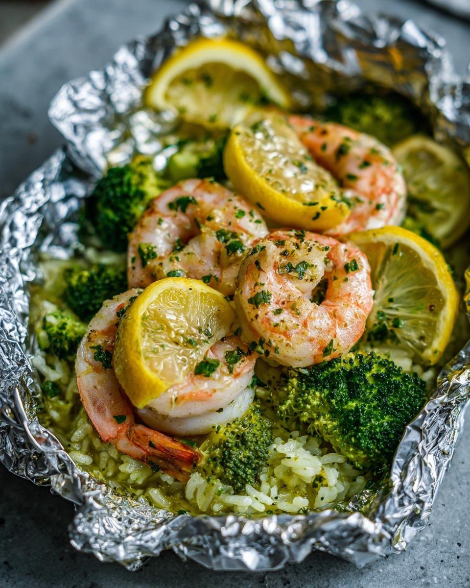 Close-up of cooked shrimp, broccoli florets, and lemon slices served over rice in an open aluminum foil packet.