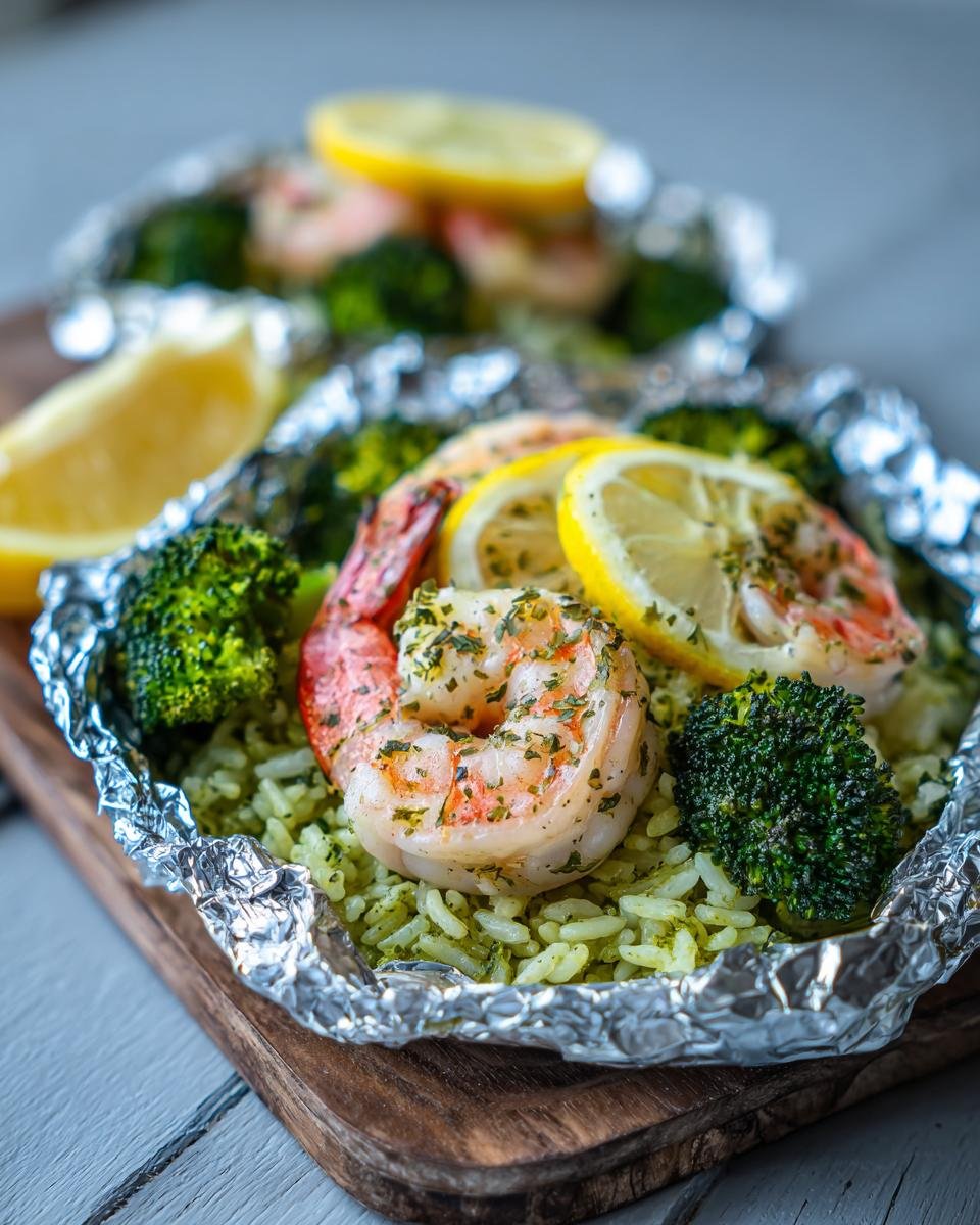 Close-up of cooked shrimp and broccoli served over green rice in a foil packet, garnished with lemon slices.