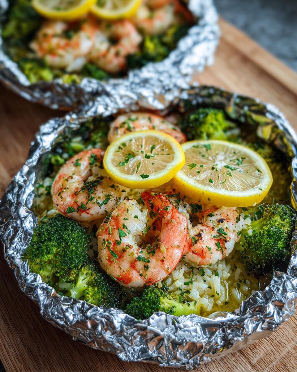 Close-up of cooked shrimp and broccoli rice served in a foil packet, topped with lemon slices.