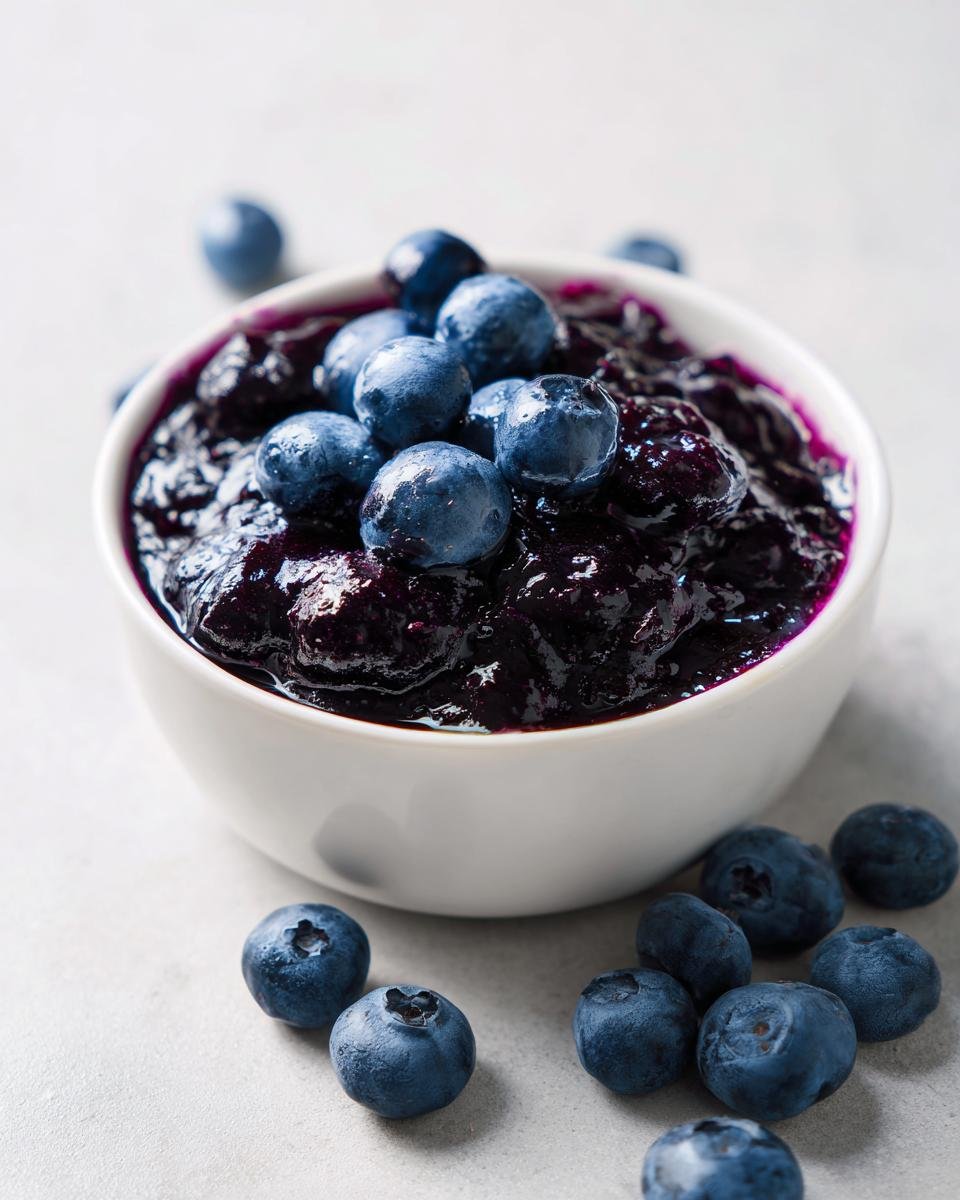 A white bowl filled with rich, dark Simple Blueberry Compote, topped with fresh blueberries.