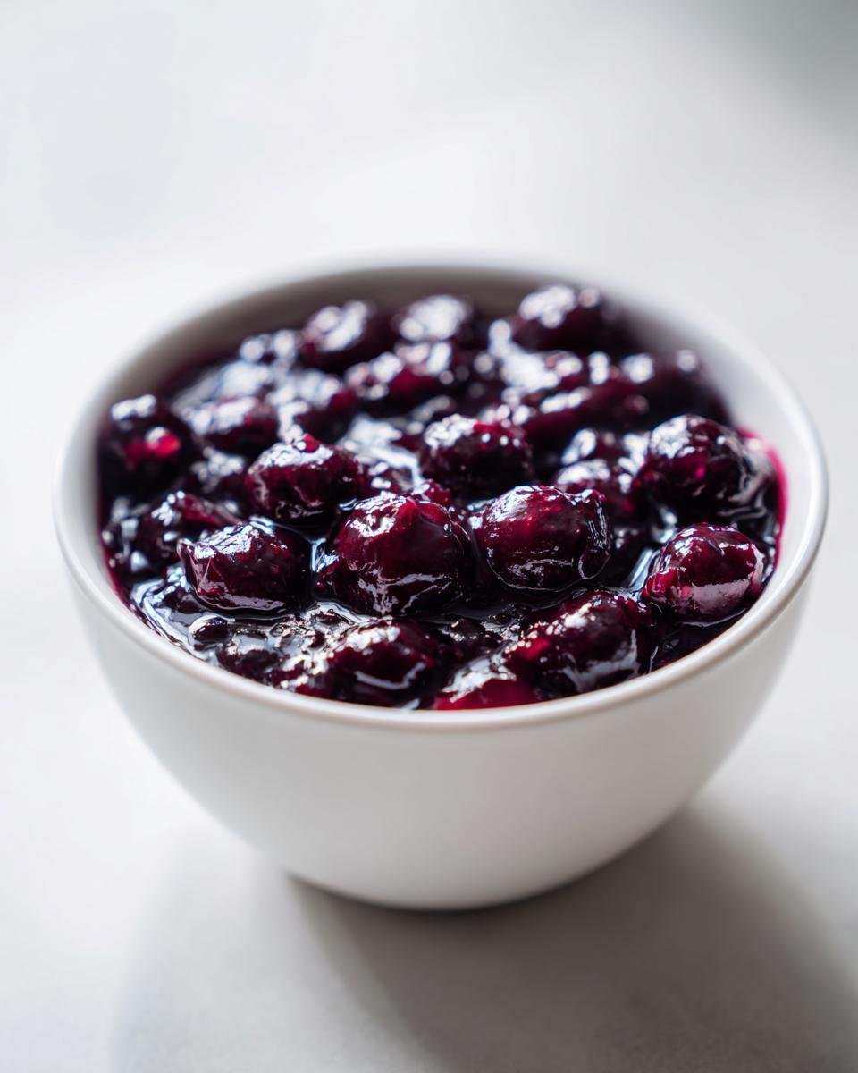 Close-up of a white bowl filled with glossy, rich Simple Blueberry Compote.