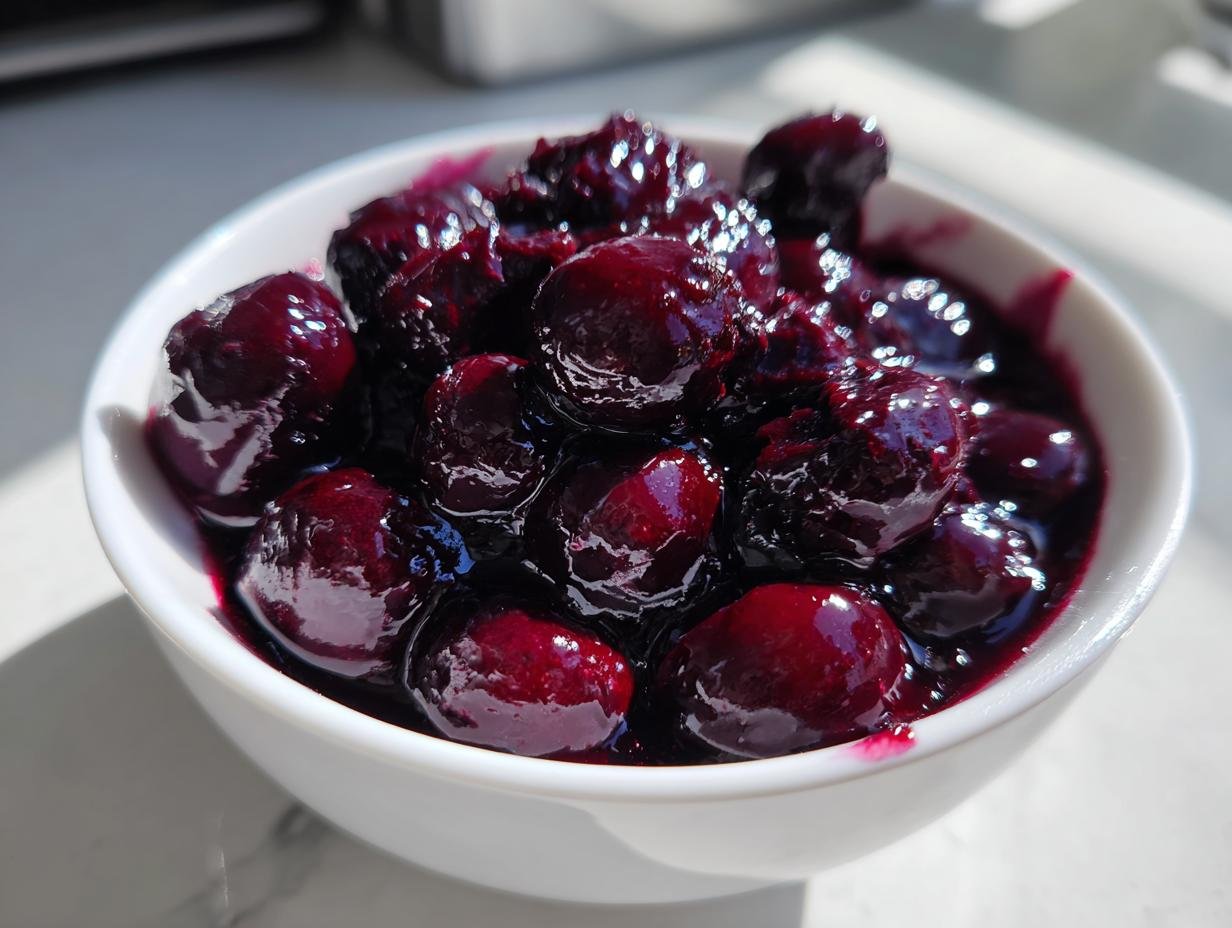A close-up view of rich, dark purple Simple Blueberry Compote served in a small white bowl.