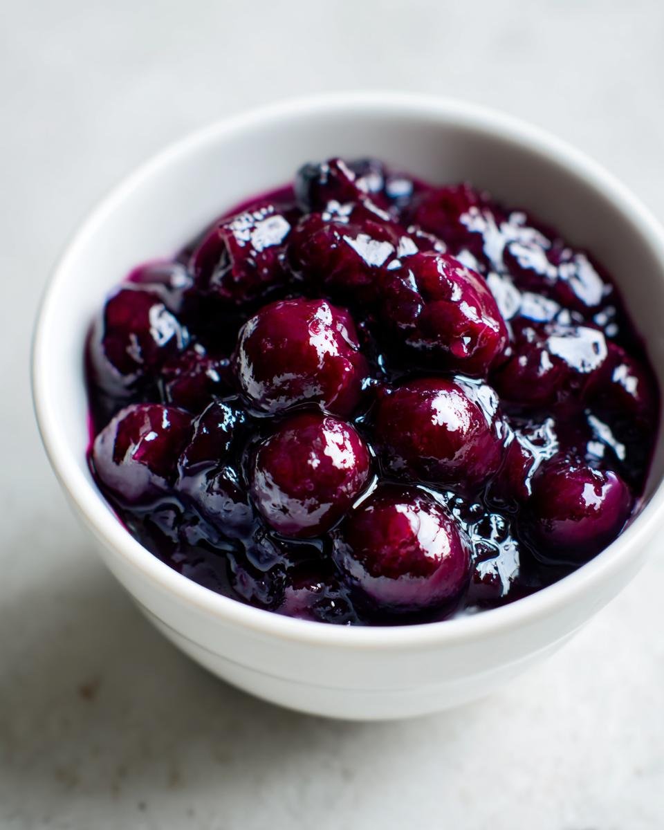 A close-up view of glossy, deep purple Simple Blueberry Compote served in a small white bowl.