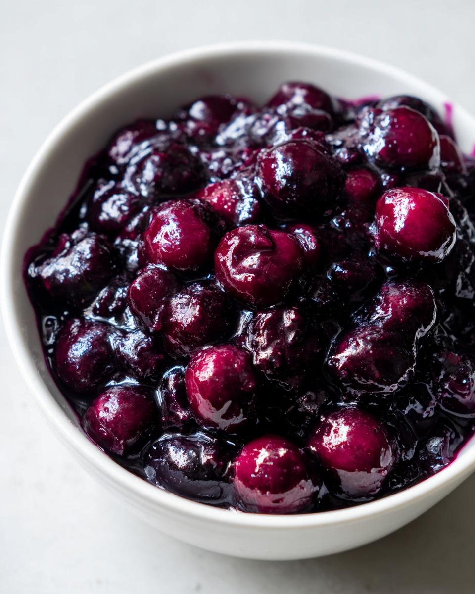 A close-up shot of thick, glossy Simple Blueberry Compote filling a white bowl.